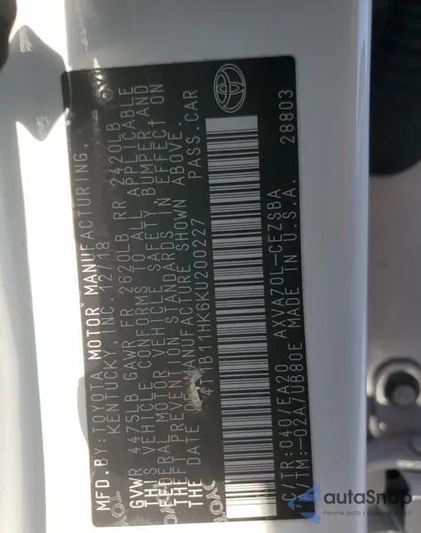 2019 Toyota Camry L из США, поврежденный, VIN 4T1B11HK6KU200227